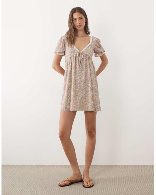 Miss Selfridge Natural Babydoll Mini Dress With Puff Sleeve