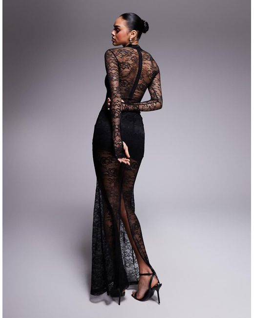 Wanderdoll Black Wander Doll Britney High Neck Lace Bodysuit And Drape Detail Maxi Skirt Set