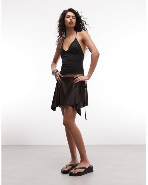 Monki Black Tie Waist Satin Wrap Mini Skirt