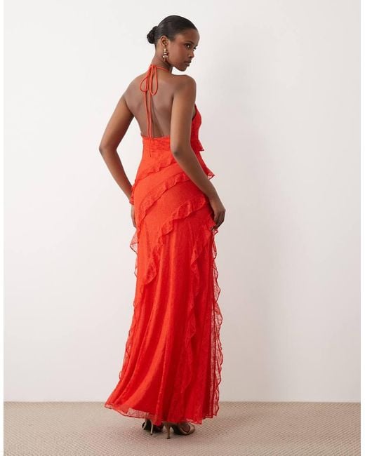 Forever New Red Halter Neck Lace Ruffle Maxi Dress