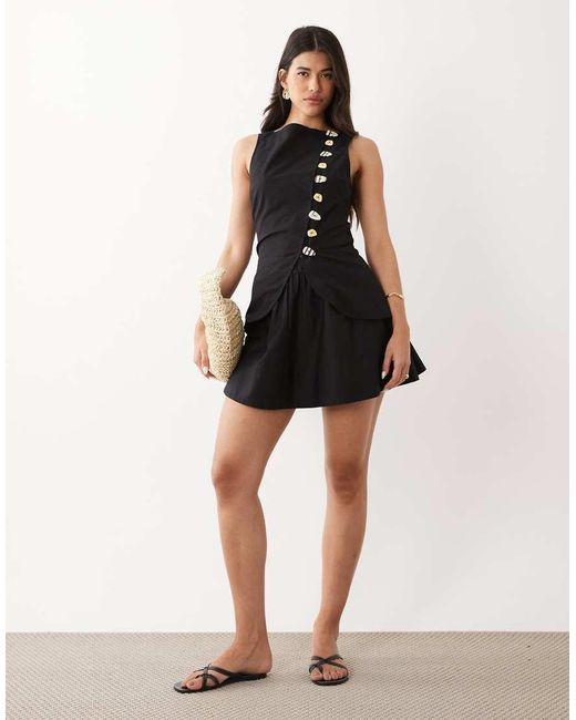 ASOS Black Linen Look Waistcoat Mini Dress With Poplin Skirt