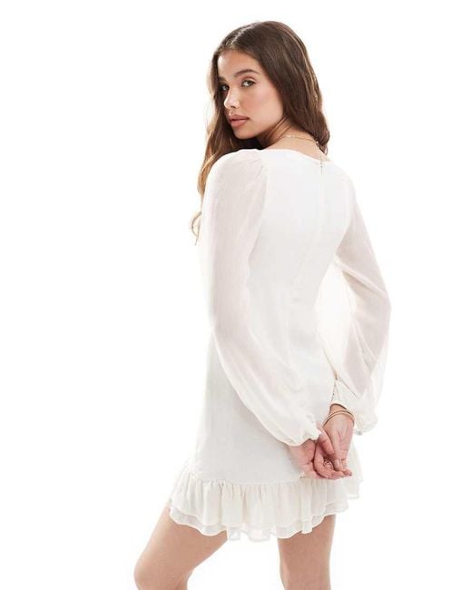 Pull&Bear White Long Sleeve Ruffle Mini Dress