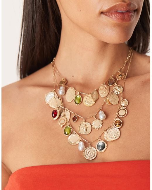 ASOS Natural – limited edition – mehrreihige halskette mit kunstperlen, steinen und goldfarbenen anhängern