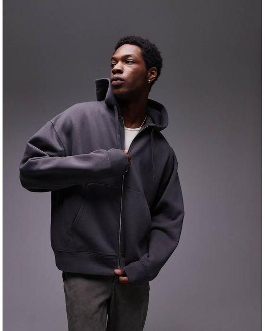 Felpa Oversize Color Antracite Con Cappuccio E Zip di Topman in Black da Uomo