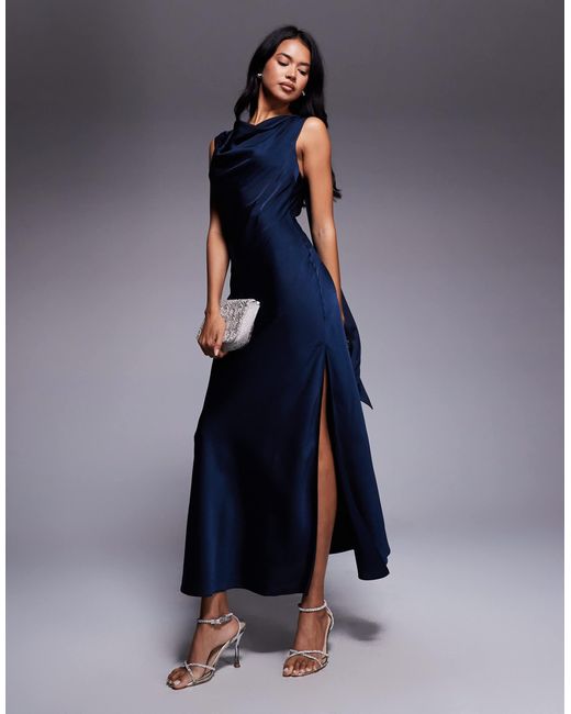 asos blue silk dress Satin Drape Neckline Midi With Long Tie Back Detail And Split in Elevate your wardrobe with