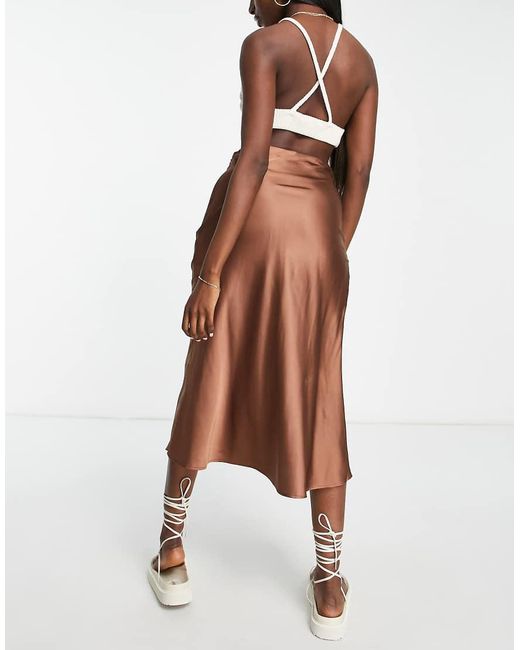 Monki Brown Satin Midi Skirt