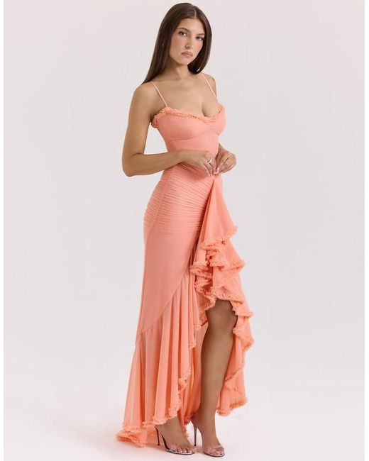 House Of Cb White Gabbi Ruffled Front Gown