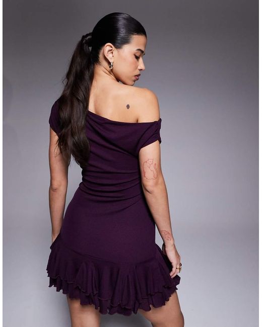 Kaiia Purple Exclusive Textured Mesh Drape Off Shoulder Rara Hem Mini Dress