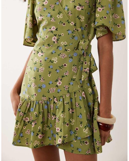 Wednesday's Girl Green Floral Wrap Detail Flutter Sleeve Mini Dress