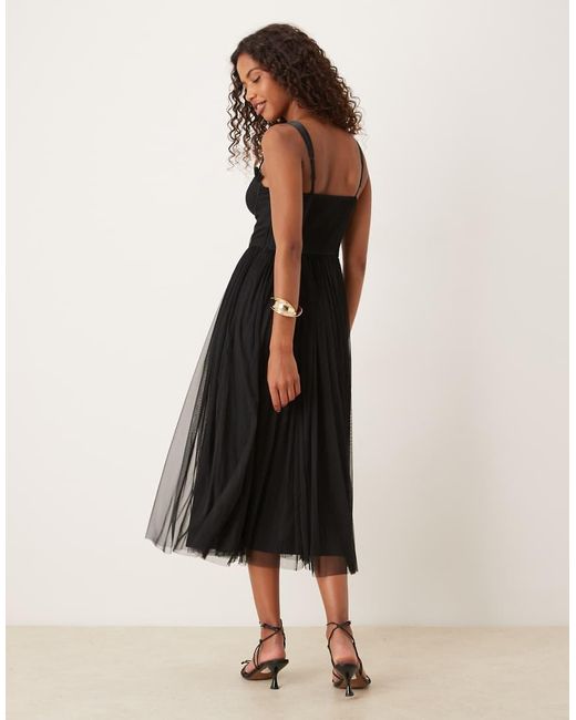 LACE & BEADS Black Tulle Corset Midi Dress