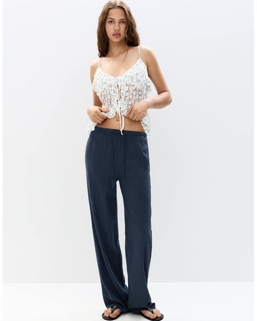 Pull&Bear Blue Flowy Trousers With Linen