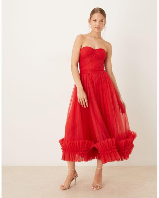 LACE & BEADS Red Corset Overlay Ruffle Hem Midi Dress