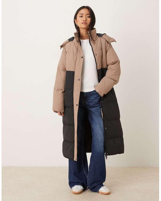 Brave Soul Brown Colourblock Maxi Hooded Puffer Jacket