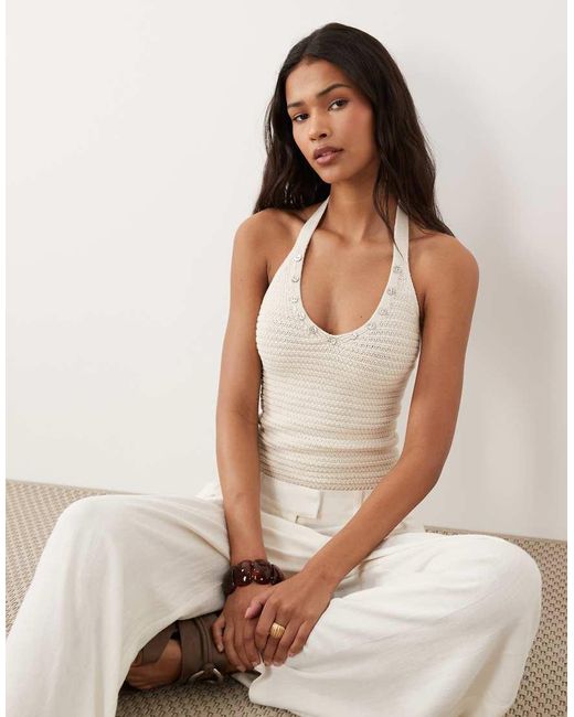 Mango Natural Teen Knitted Halterneck Top With Button Detail