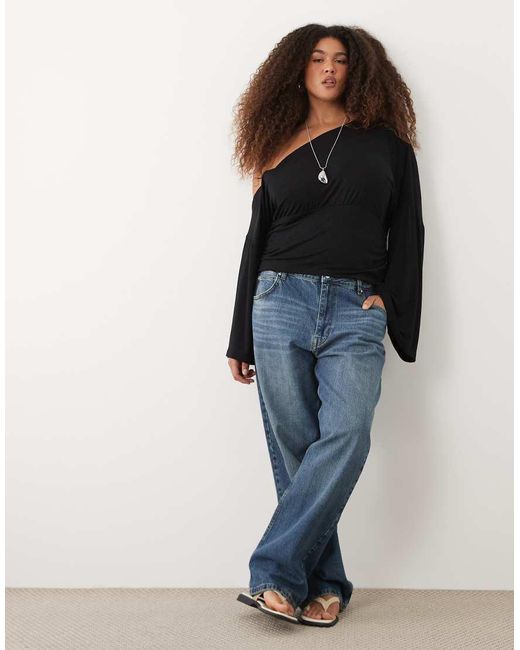ASOS Black Asos Design Curve Fallen Shoulder Cinched Waist Top