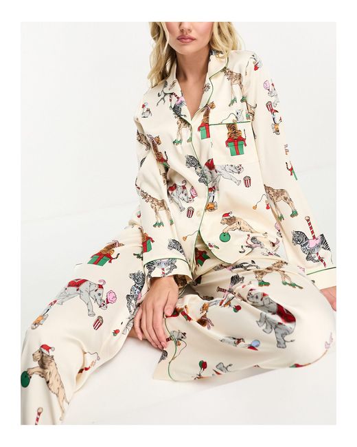 Chelsea Peers Natural Christmas Satin Circus Print Long Sleeve Top And Trouser Pyjama Set