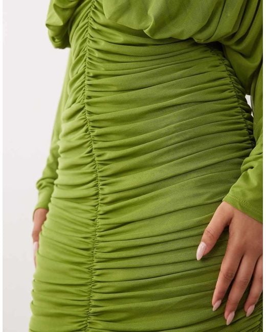 ASOS Green Mesh Long Sleeved Deep Plunge Ruched Mini Dress