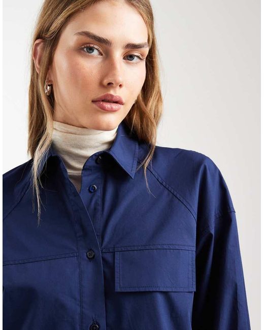 ASOS Blue Long Sleeve Mini Shirt Dress With Front Pockets
