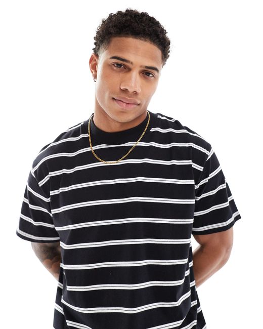 Brave Soul Black Oversized High Neck Stripe T-shirt for men