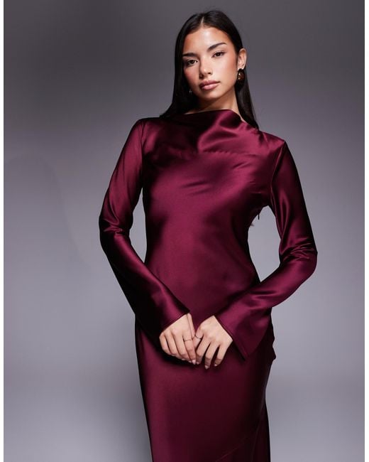 DASKA Satin Bias Long Sleeve Seam Detail Maxi Dress in Purple | Lyst