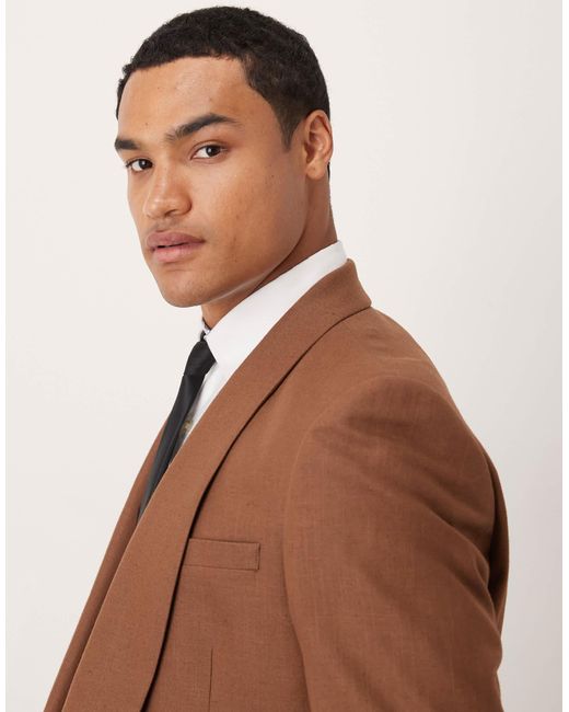 ASOS Brown Cotton Linen Blend Regular Suit Jacket for men