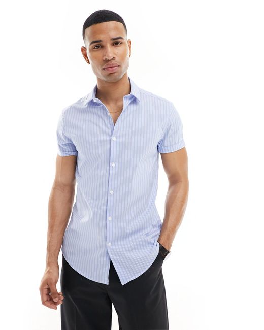 ASOS Blue Short Sleeve Slim Fit Stripe Work Shirt for men
