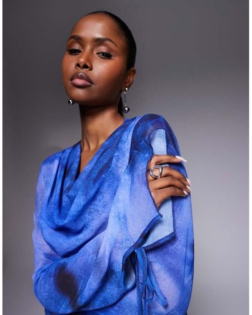 DASKA Blue Chiffon High Cowl Neck Frill Detail Maxi Dress