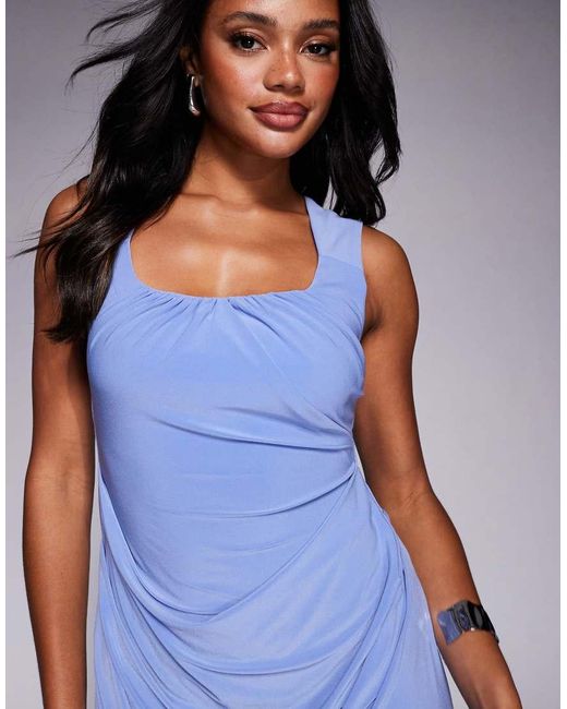 ASOS Blue Shaped Neckline Wide Strap With Draped Skirt Midi Dress