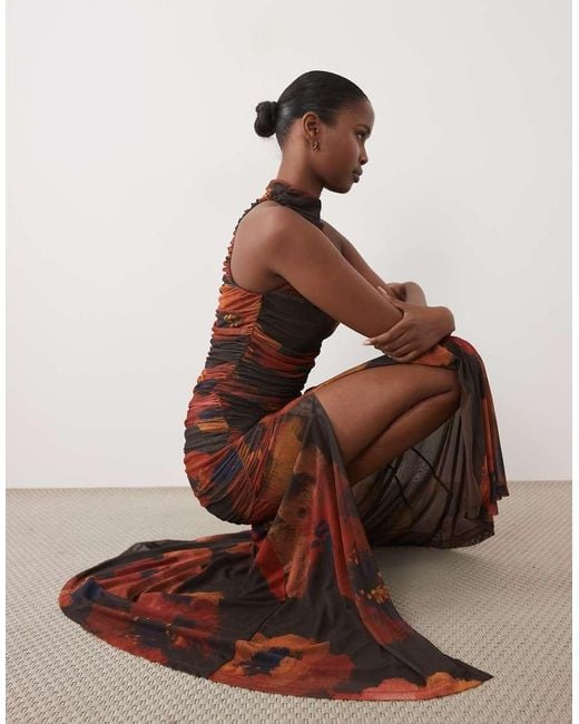 Bardot Brown Mesh High Neck Ruched Side Thigh Split Maxi Dress