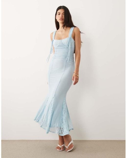 ASOS Blue Lace Mix Balconette Pencil Dress With Godet Details