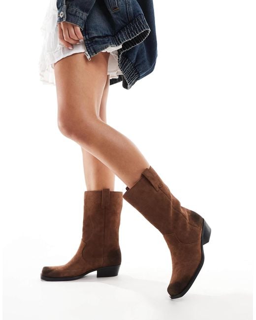 Pull&Bear Brown Suede Mid Calf Boots