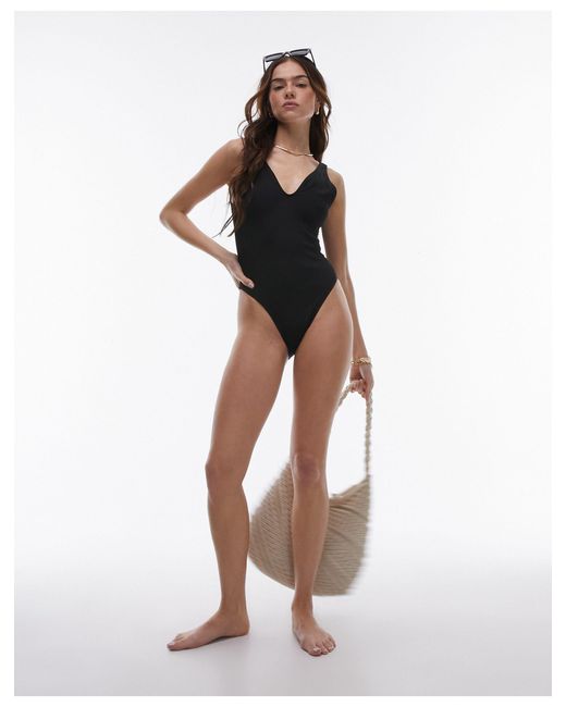 TOPSHOP White Rib Plunge Swimsuit With Scoop Back