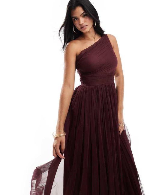 LACE & BEADS Red Bridesmaid One Shoulder Tulle Maxi Dress