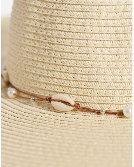 South Beach Natural Wide Brim Floppy Hat With Sea Shell Embellishment