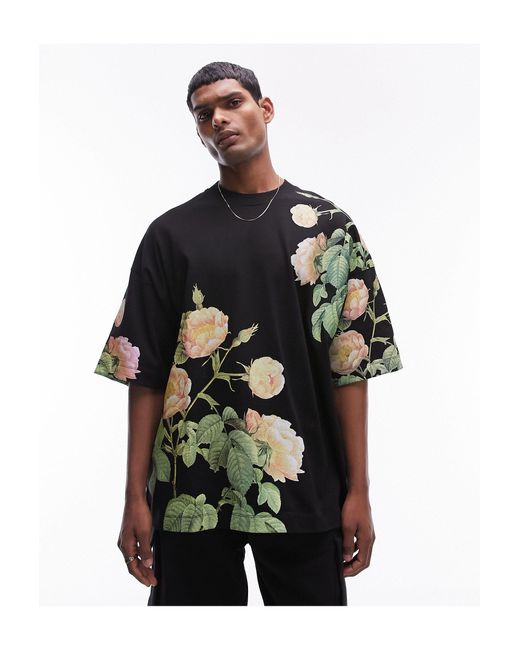 Topman Black Premium Extreme Oversized Fit T-shirt With All Over Floral Print for men