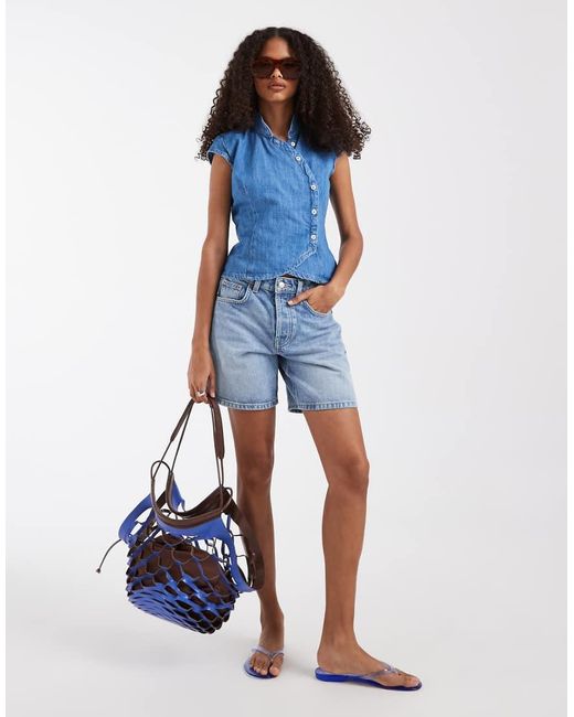 ASOS Blue Denim Mandarin Collar Top