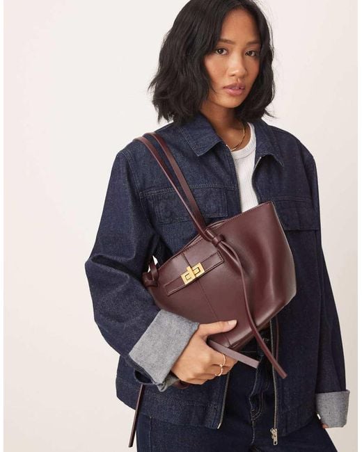 Gina Tricot Blue Faux Leather Medium Tote Bag With Strap And Clutch Detail