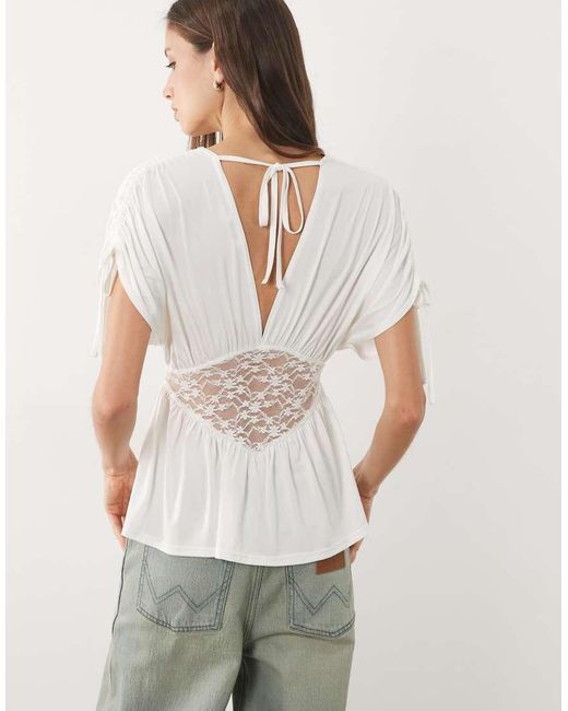Miss Selfridge White V-Neck Gathered Top With Lace Waist Trim