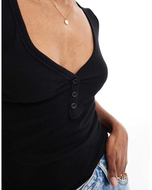 Stradivarius Black Str Button Front Top