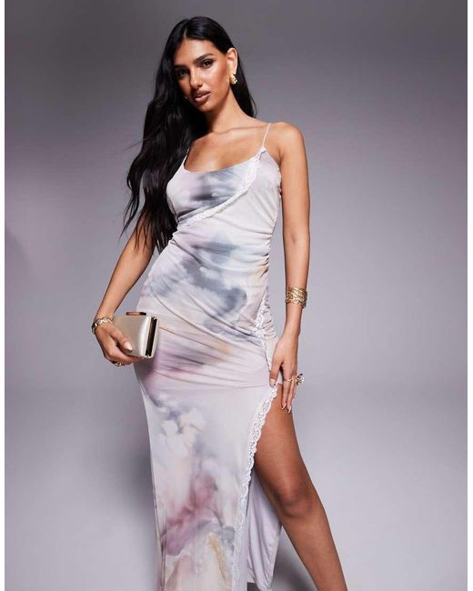 ASOS Purple Mesh Super Scoop Neck Midi Dress With Asymmetric Lace Trim Panels