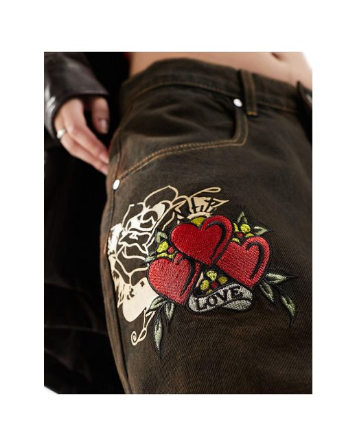 Ed Hardy Black Super Relaxed Skater Jeans With Embroidery