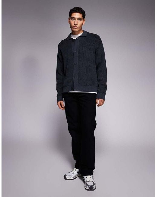 ADPT Blue Knit Cardigan With Collar for men
