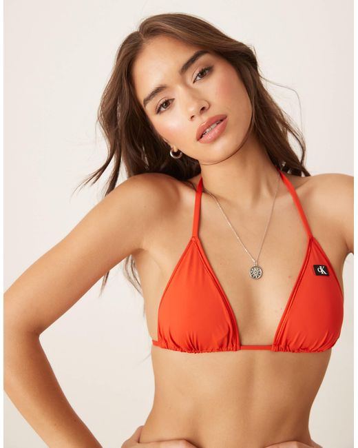 Calvin Klein Red Patch Logo Triangle Tie Front Bikini Top