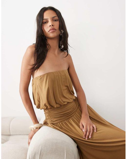 ASOS Natural Blouson Bandeau Maxi Split Front Dress