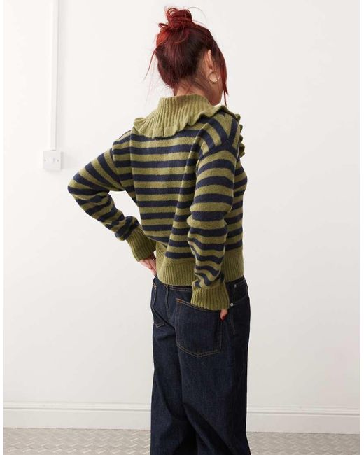Monki Green Long Sleeve Collar Polo Knitted Sweater