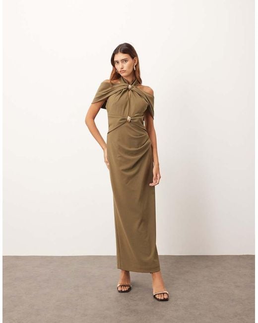 ARRANGE Natural Off Shoulder Halter Maxi Dress With Gold Hardware