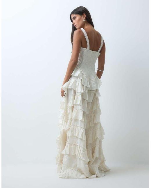 Miss Selfridge White Premium Embroidered Ruffle Detail Maxi Dress