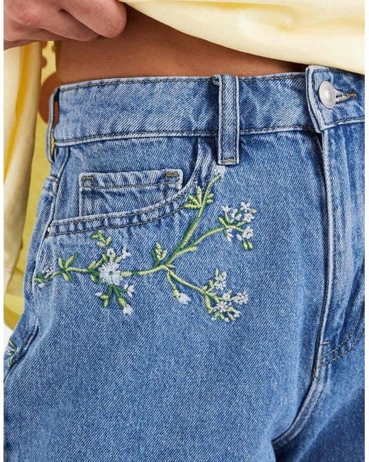 Pieces Blue Floral Embroidered Denim Shorts