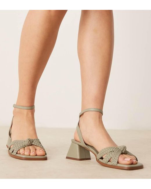 Asos Design Wide Fit Natural Hummingbird Weave Detail Mid Block Heeled Sandals