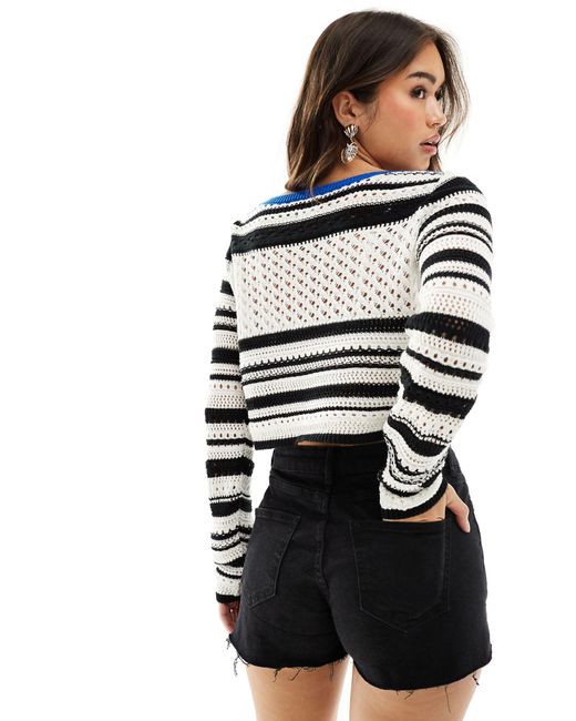ASOS White Open Stitch Jumper With Contrast Blue Trim Detail